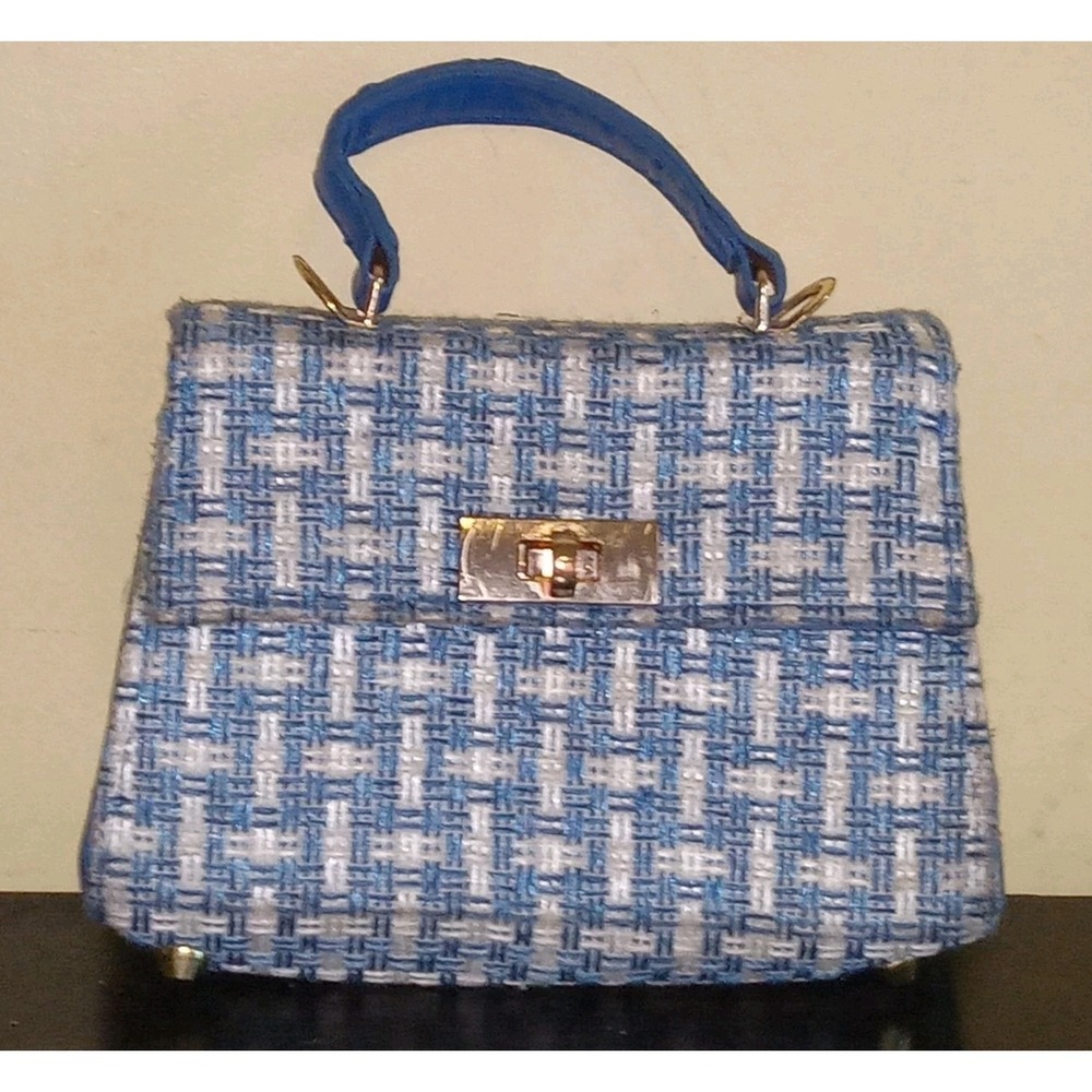Blue & White Plaid Woven Tweed Handbag Gold Hardware Top Handle Turn Lock Purse